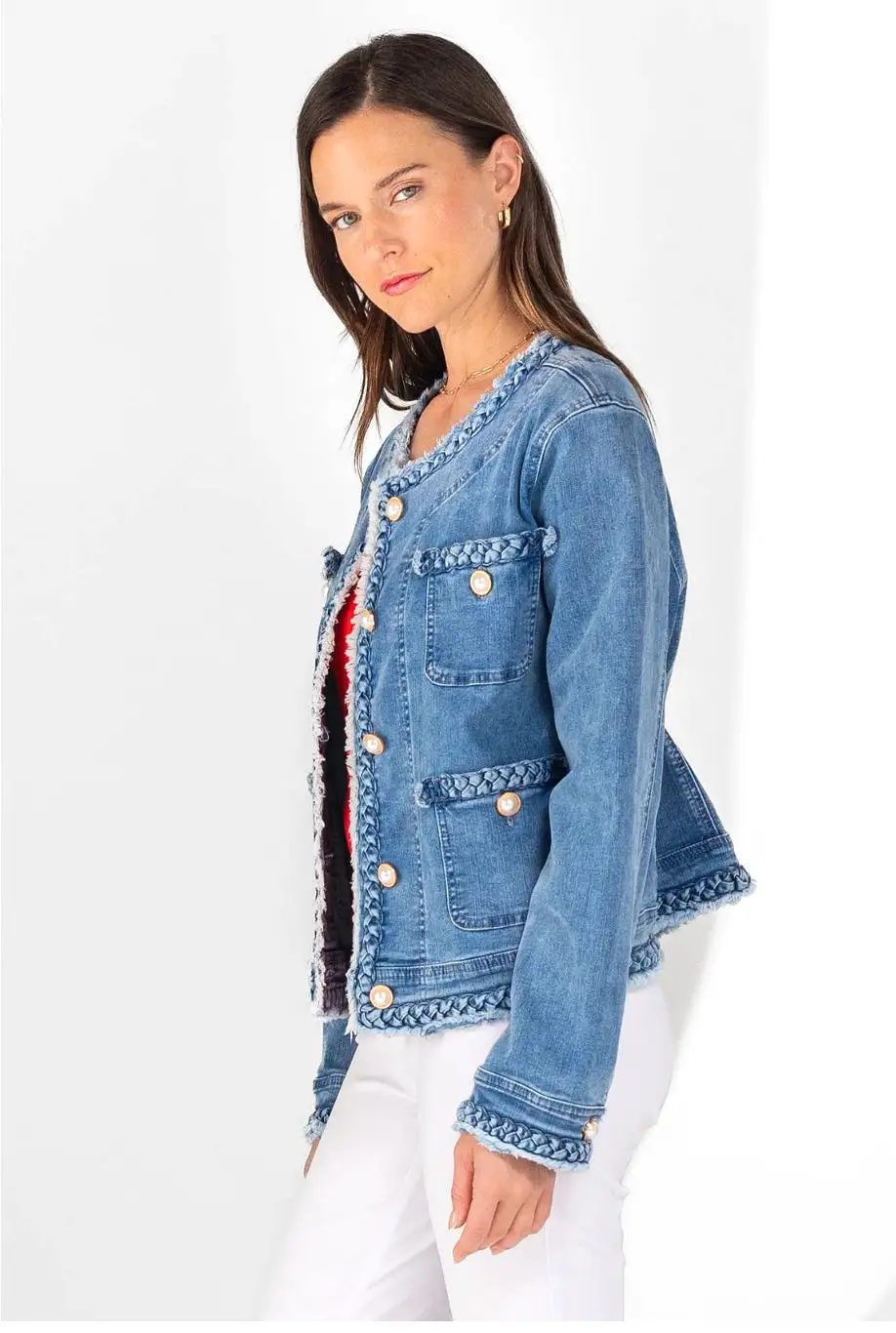 1137161 Denim Blue Jean Jacket with Pearl detail