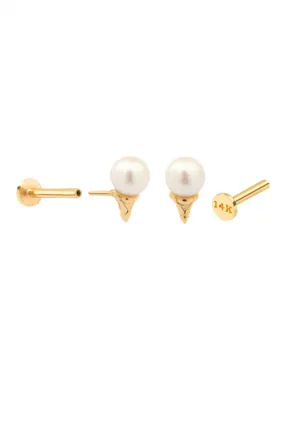 14K Solid Gold Cartilage Ice Cream Fresh Water Pearl Internally Internal Threaded Tragus Cartilage Helix Earring Labret