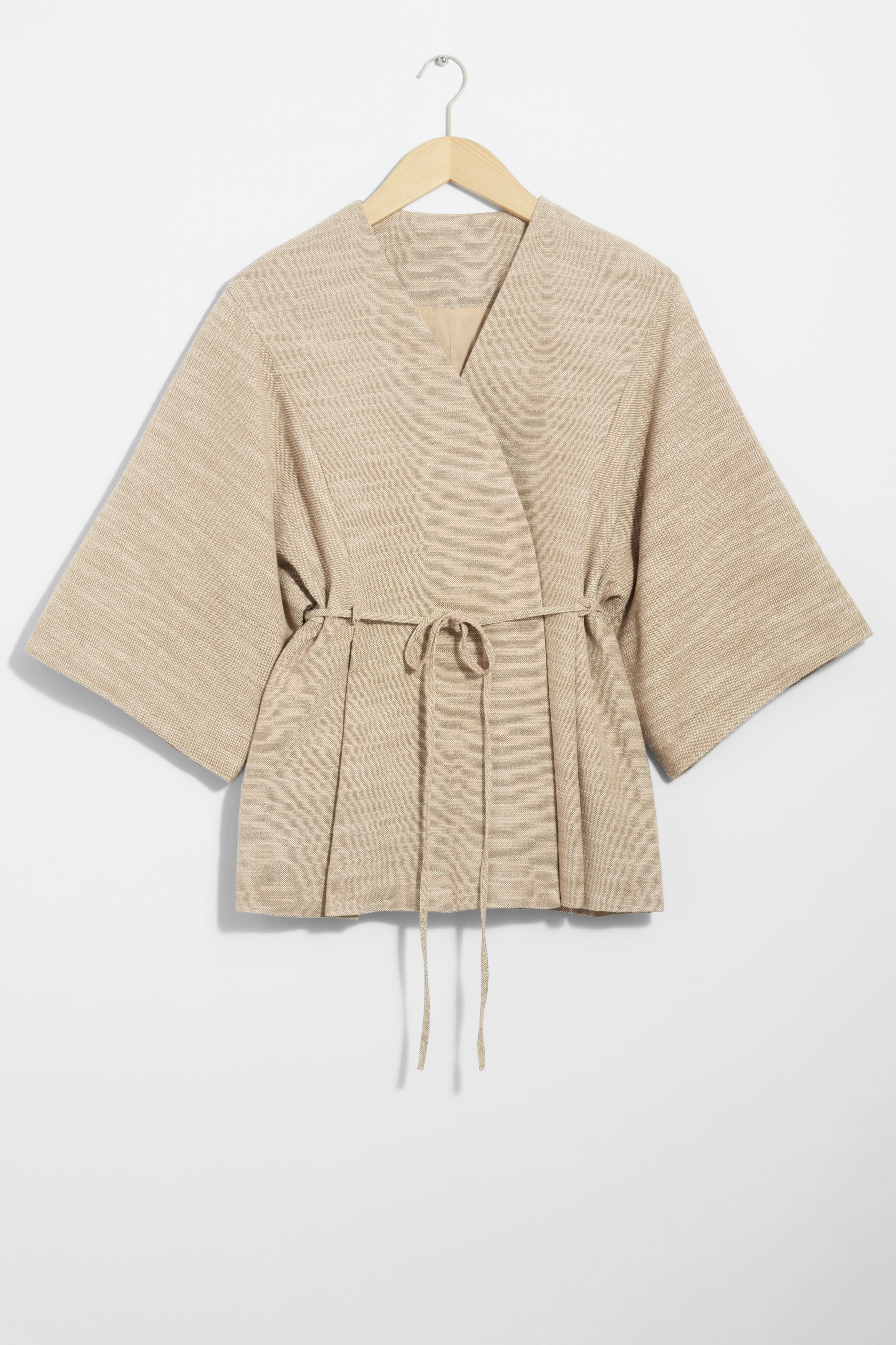 Belted Silk-Blend Jacket - V-neck - 3/4 sleeve - Beige - Ladies | H&M GB