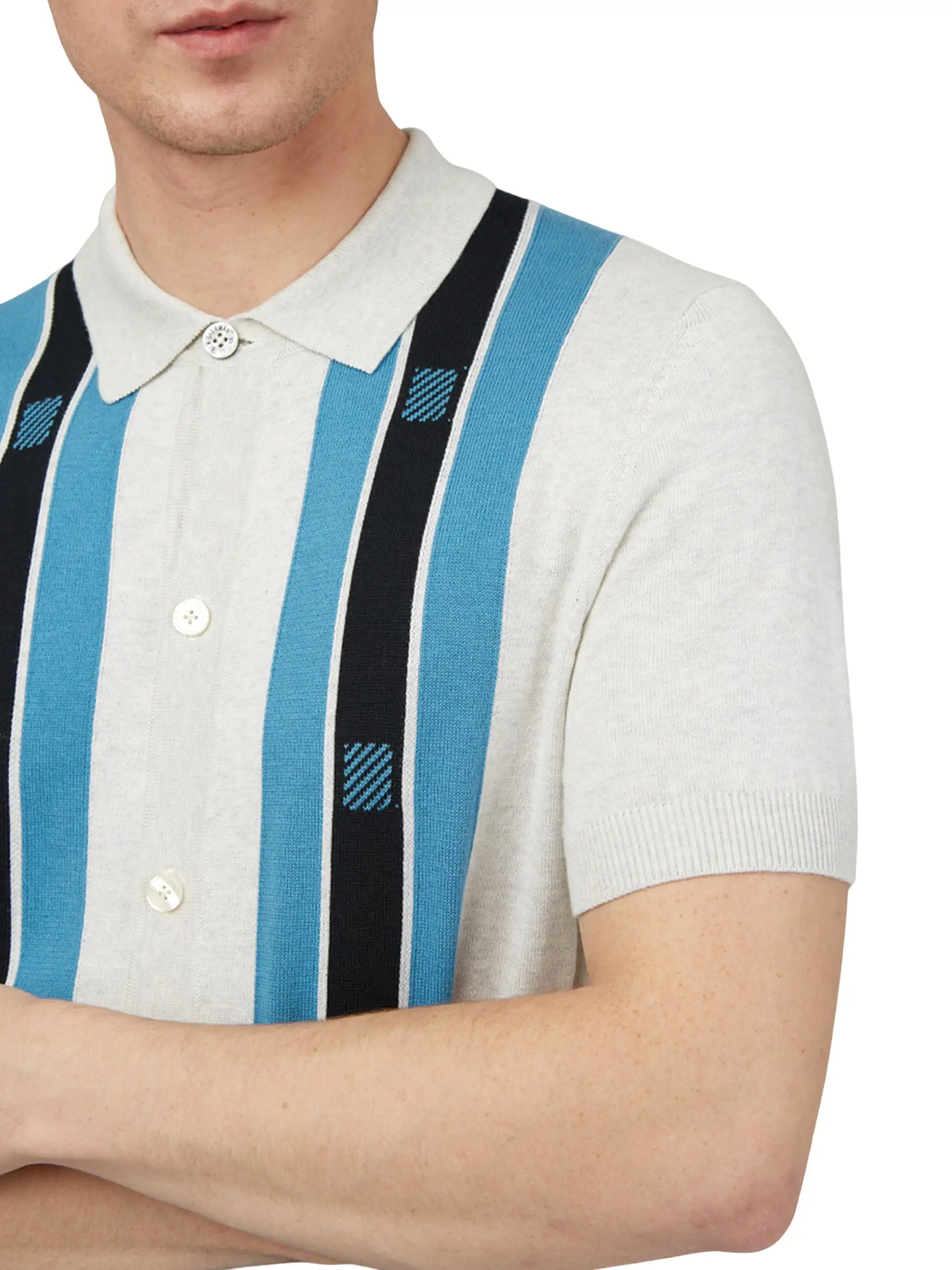 Ben Sherman Mens Knitted Button Through Mod Polo Shirt - Short Sleeved