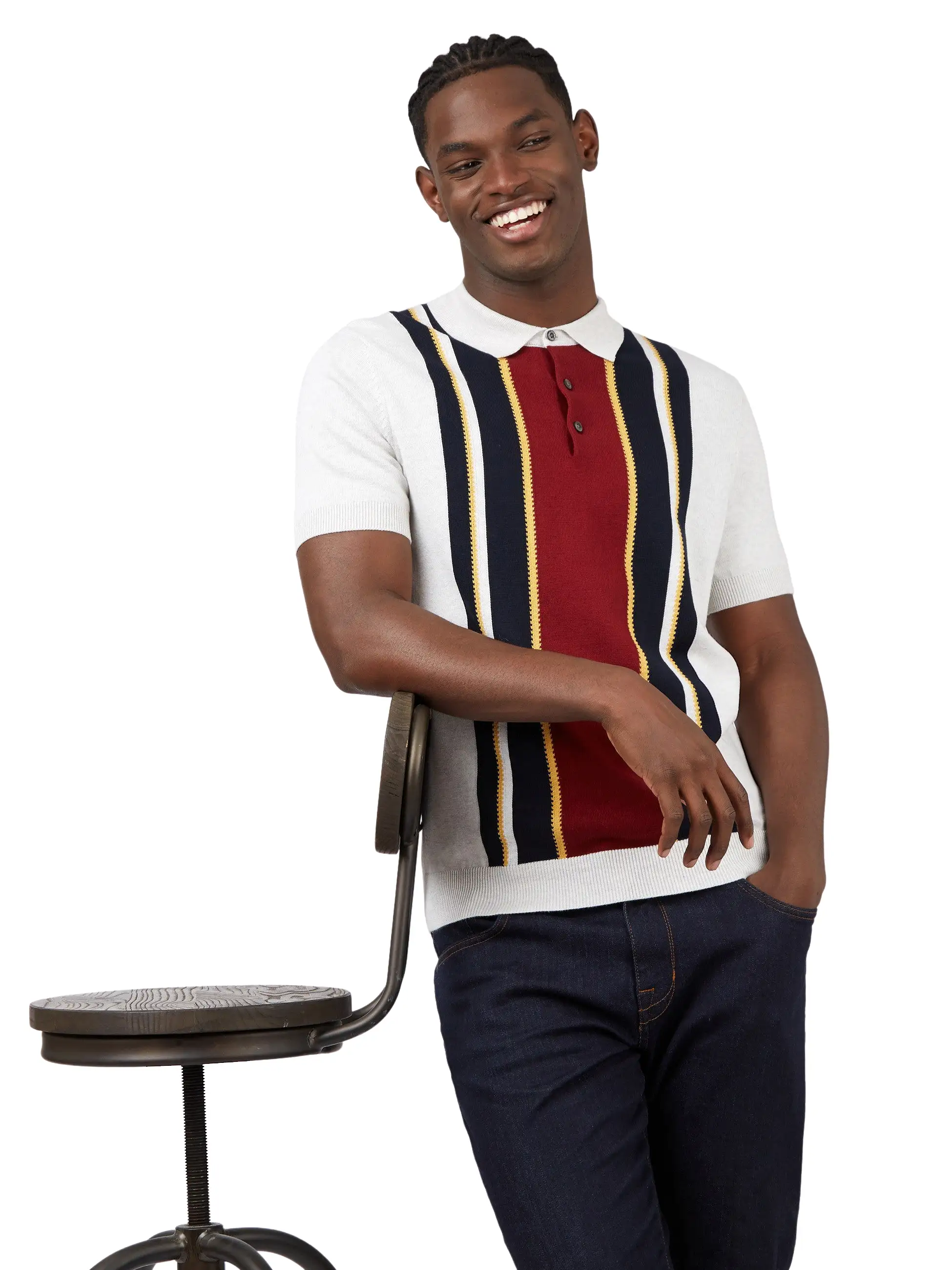 Ben Sherman Mens  Knitted Mod Stripe Polo Shirt - Short Sleeved