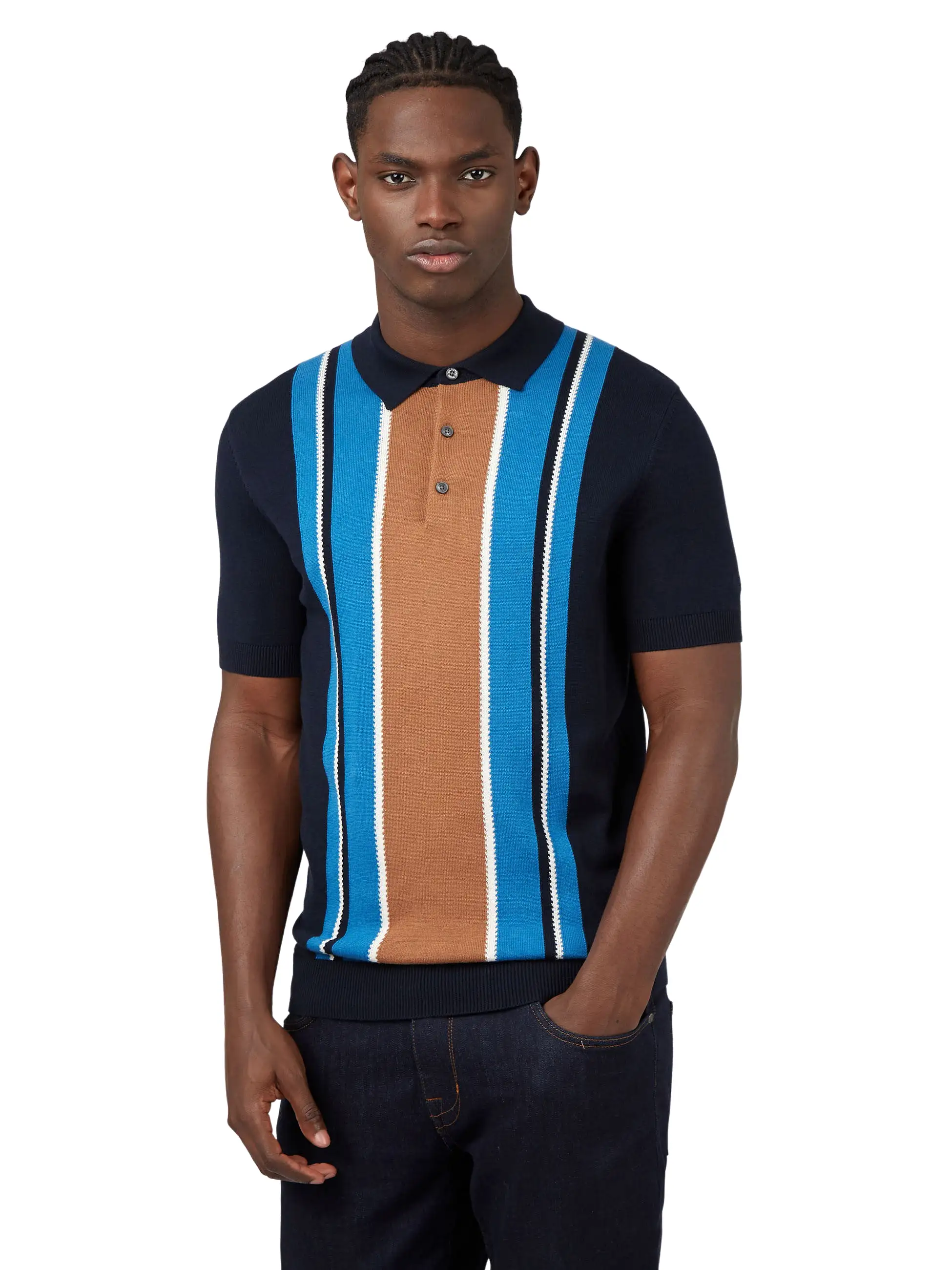 Ben Sherman Mens  Knitted Mod Stripe Polo Shirt - Short Sleeved