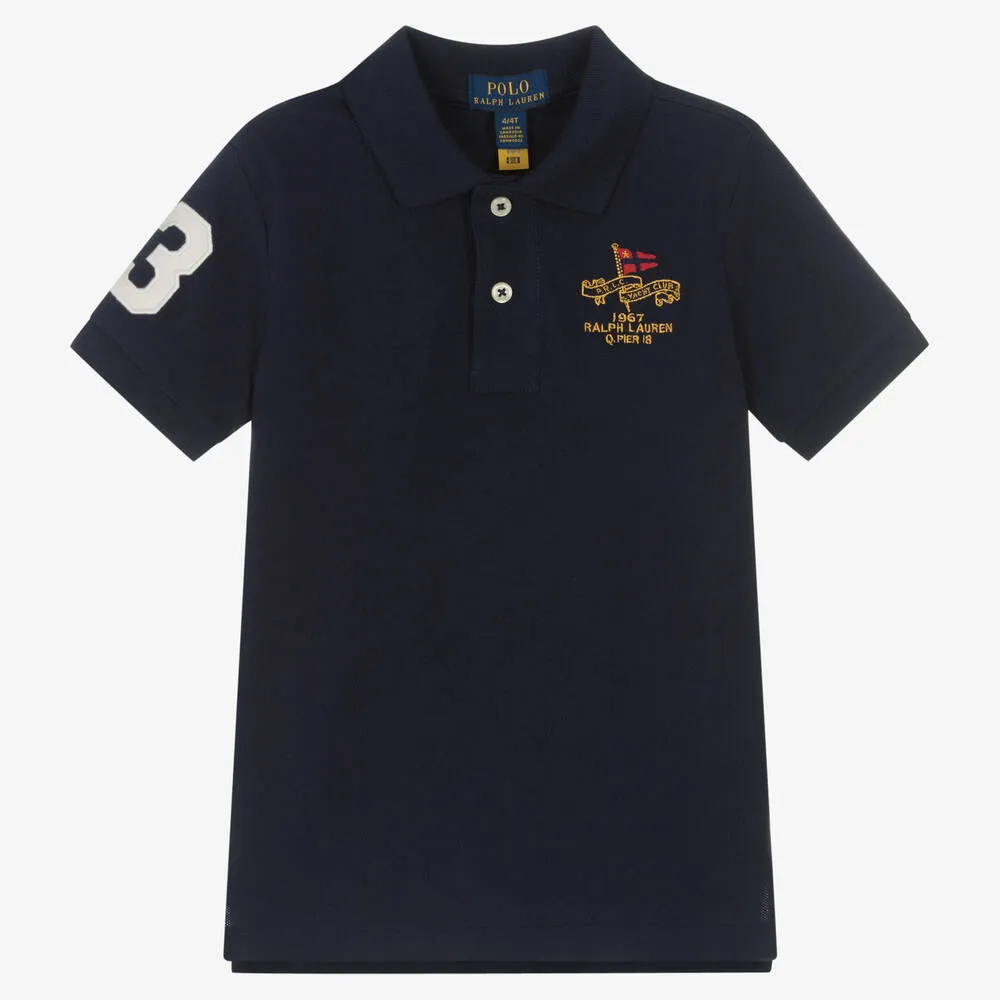 Boys Blue Cotton Yacht Club Logo Polo Shirt