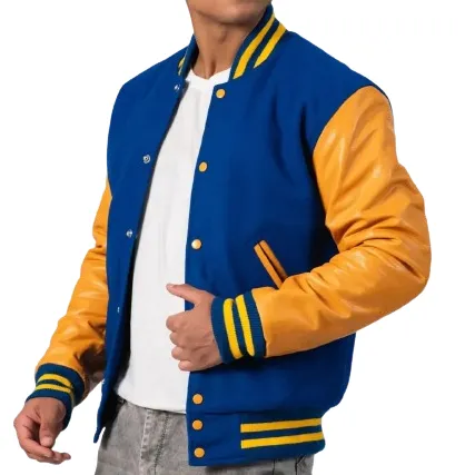 Bright Royal Body & Bright Gold Leather Sleeves Letterman Jacket 