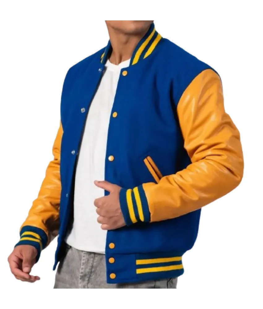 Bright Royal Body & Bright Gold Leather Sleeves Letterman Jacket 