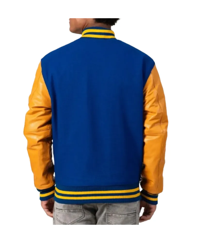 Bright Royal Body & Bright Gold Leather Sleeves Letterman Jacket 