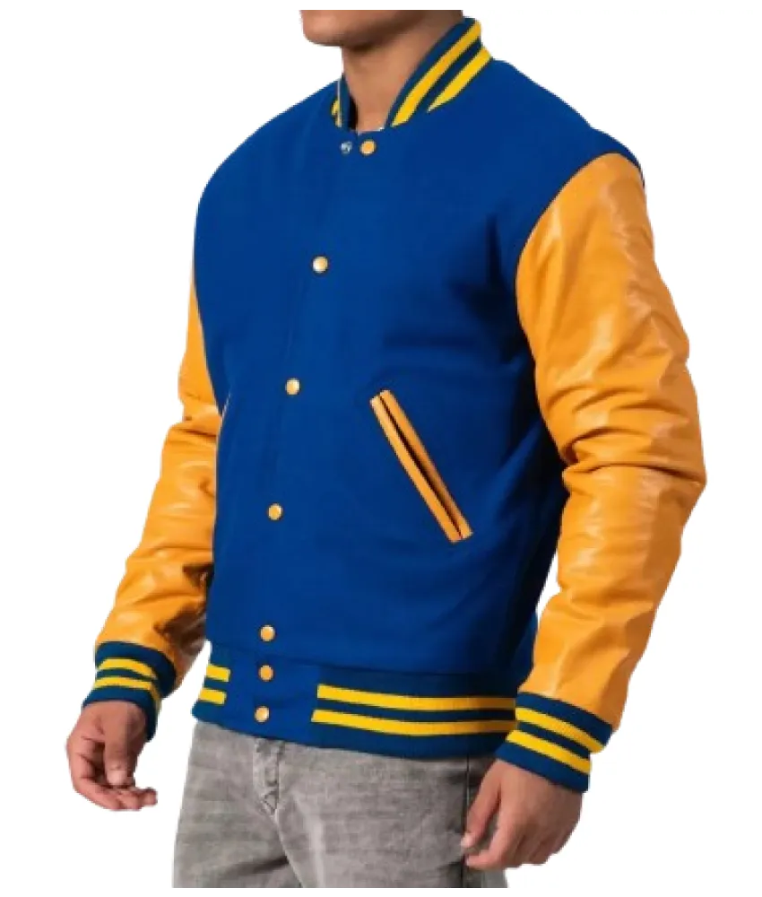 Bright Royal Body & Bright Gold Leather Sleeves Letterman Jacket 