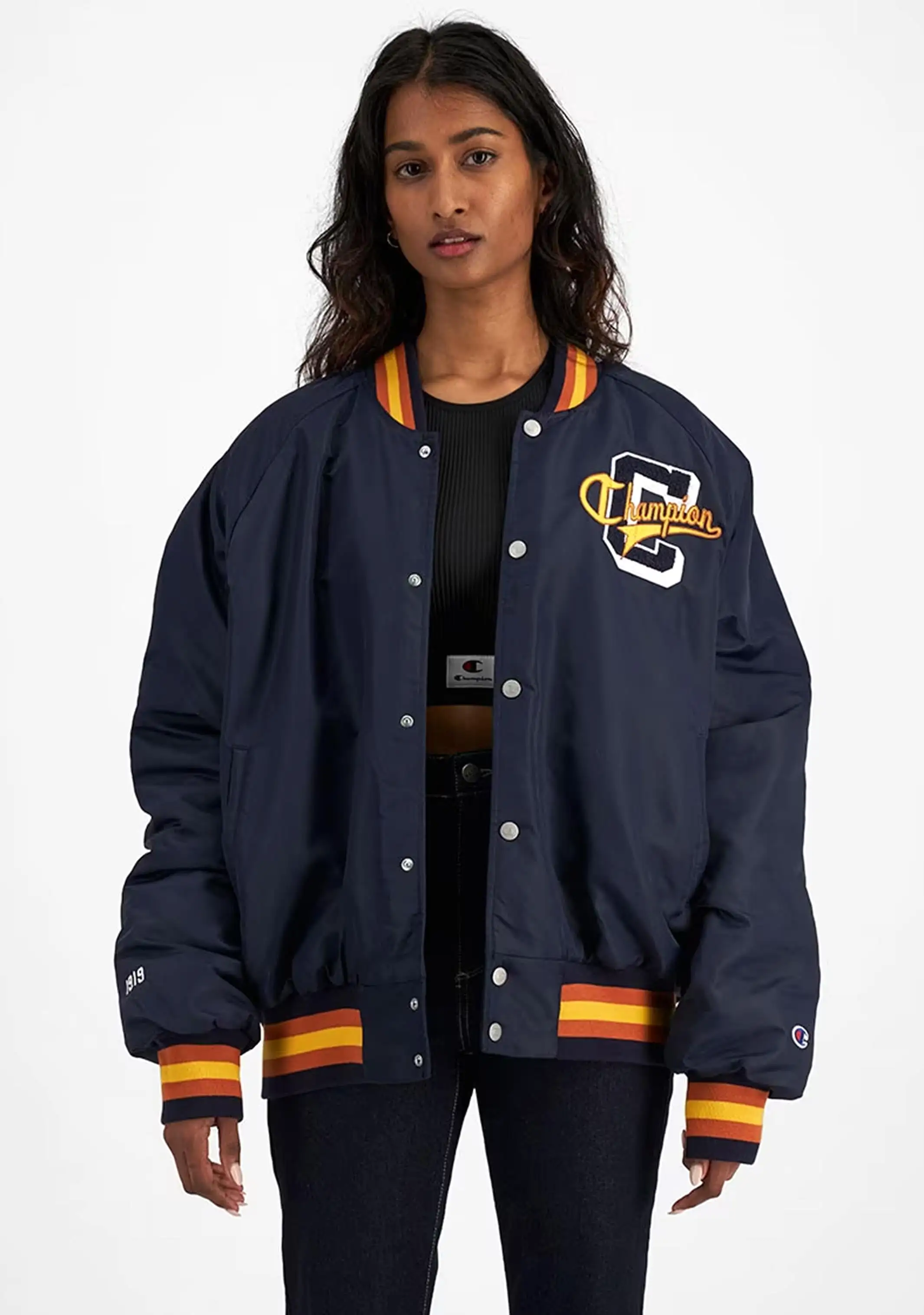 Champion Womens ReBound Letterman Jacket <br> CREMN NAV