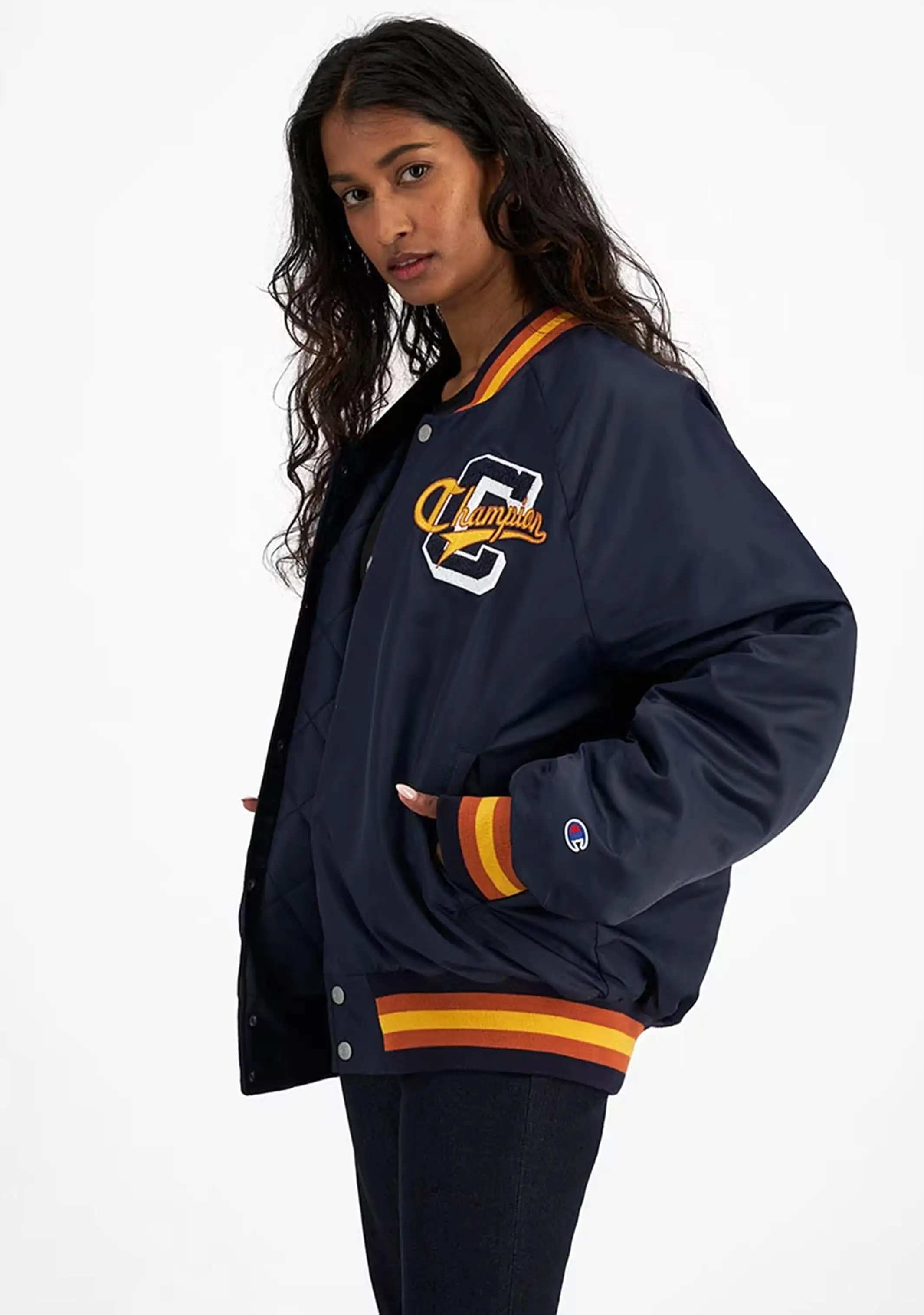 Champion Womens ReBound Letterman Jacket <br> CREMN NAV