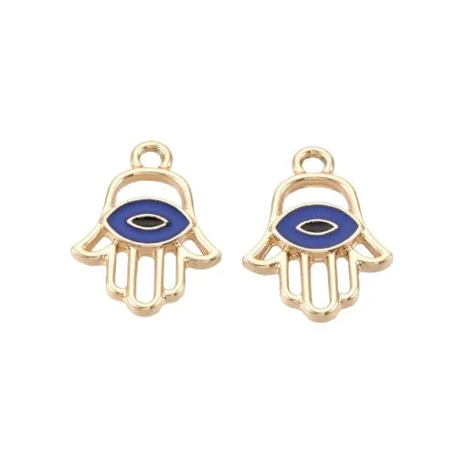 Charms, Hamsa Hand, Evil Eye, Symbol, Openwork, Light Gold, Plated, Alloy, Blue, Enamel, 20mm