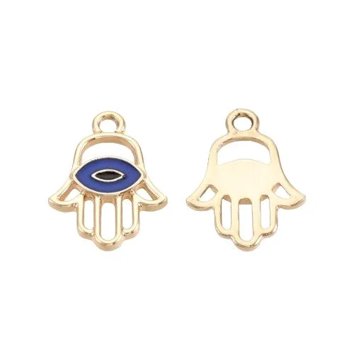 Charms, Hamsa Hand, Evil Eye, Symbol, Openwork, Light Gold, Plated, Alloy, Blue, Enamel, 20mm