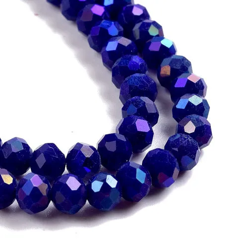 Crystal Glass Beads, Electroplated, Rondelle, Faceted, Opaque, Dark Blue, Half AB Plated, 4mm