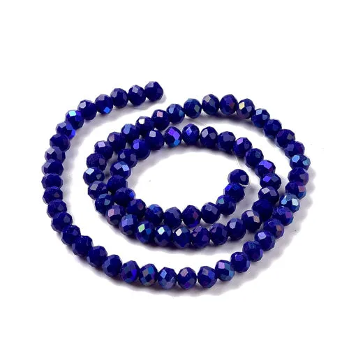 Crystal Glass Beads, Electroplated, Rondelle, Faceted, Opaque, Dark Blue, Half AB Plated, 4mm