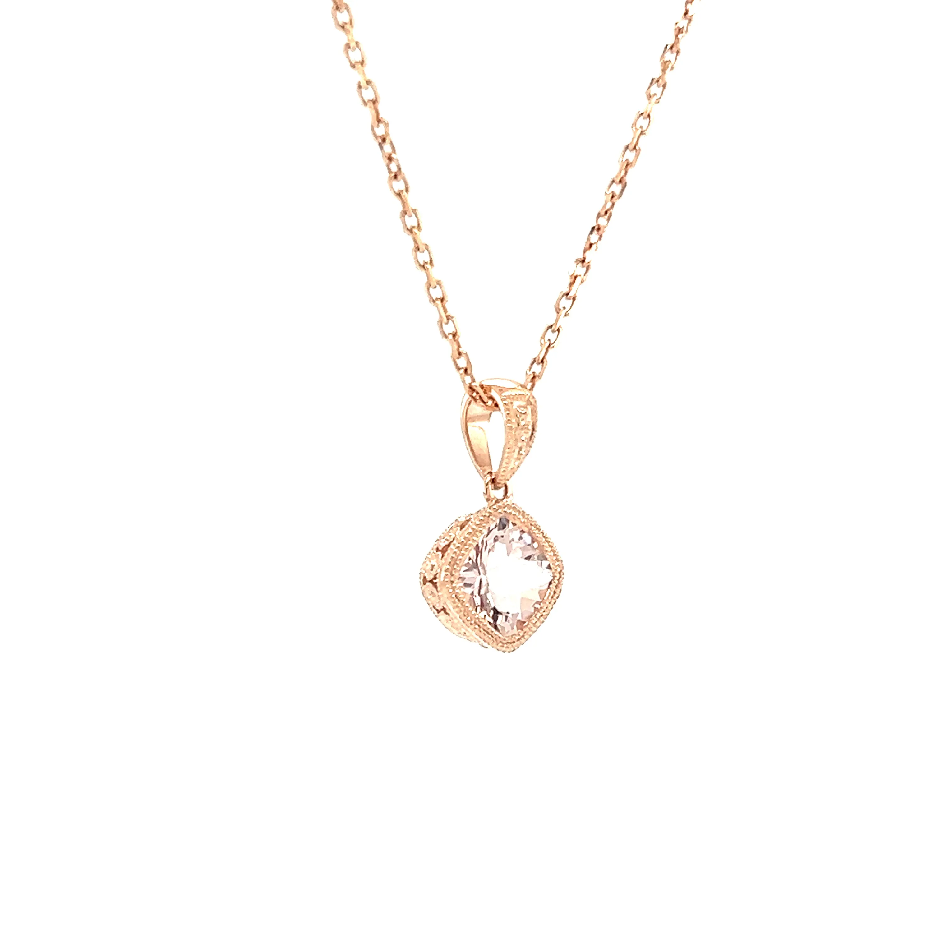 Cushion Morganite Pendant with Filigree and Milgrain Details in 14K Rose Gold