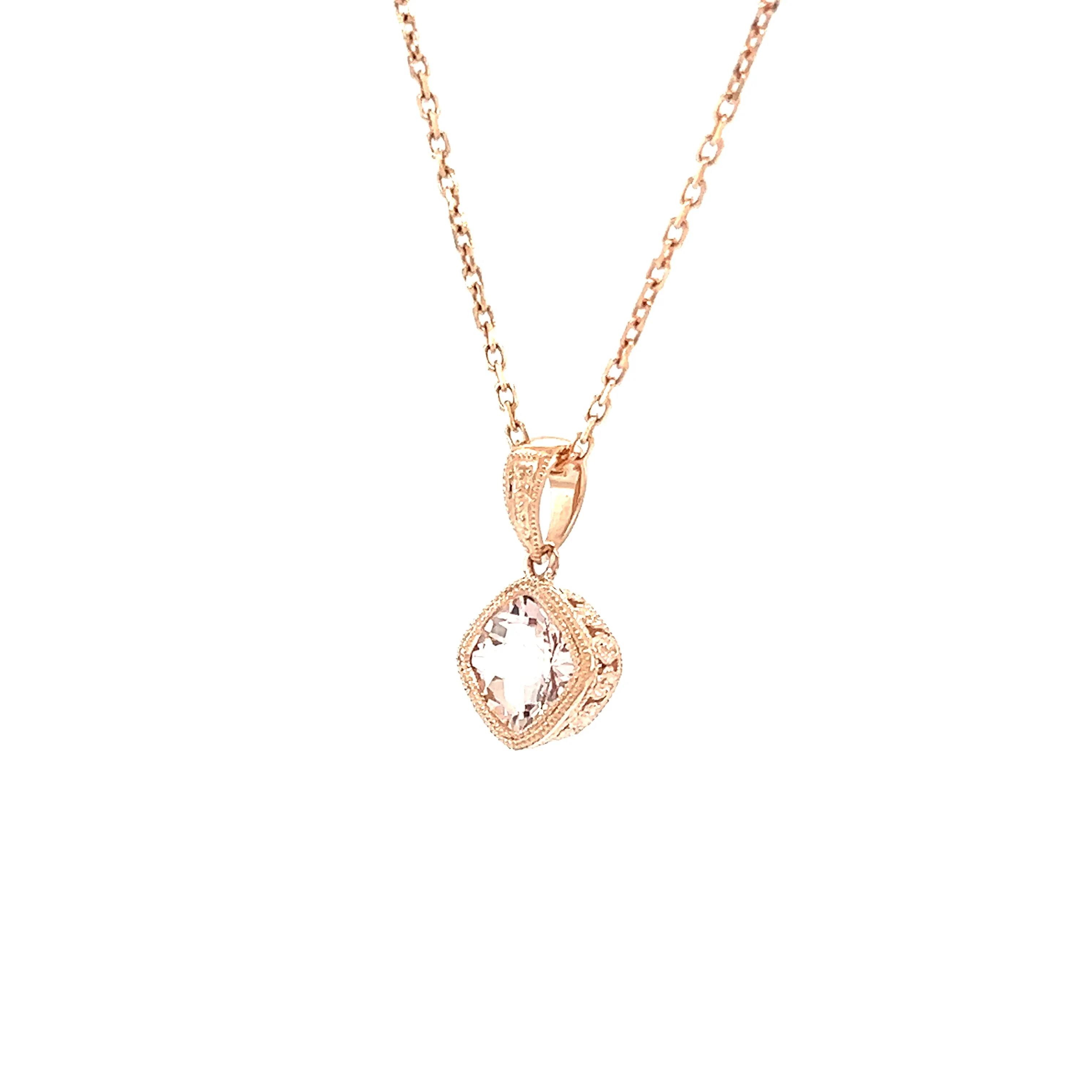 Cushion Morganite Pendant with Filigree and Milgrain Details in 14K Rose Gold