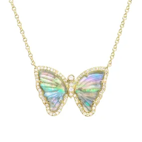 Dark Blue Green Tourmaline Pearl Butterfly Necklace with Diamonds