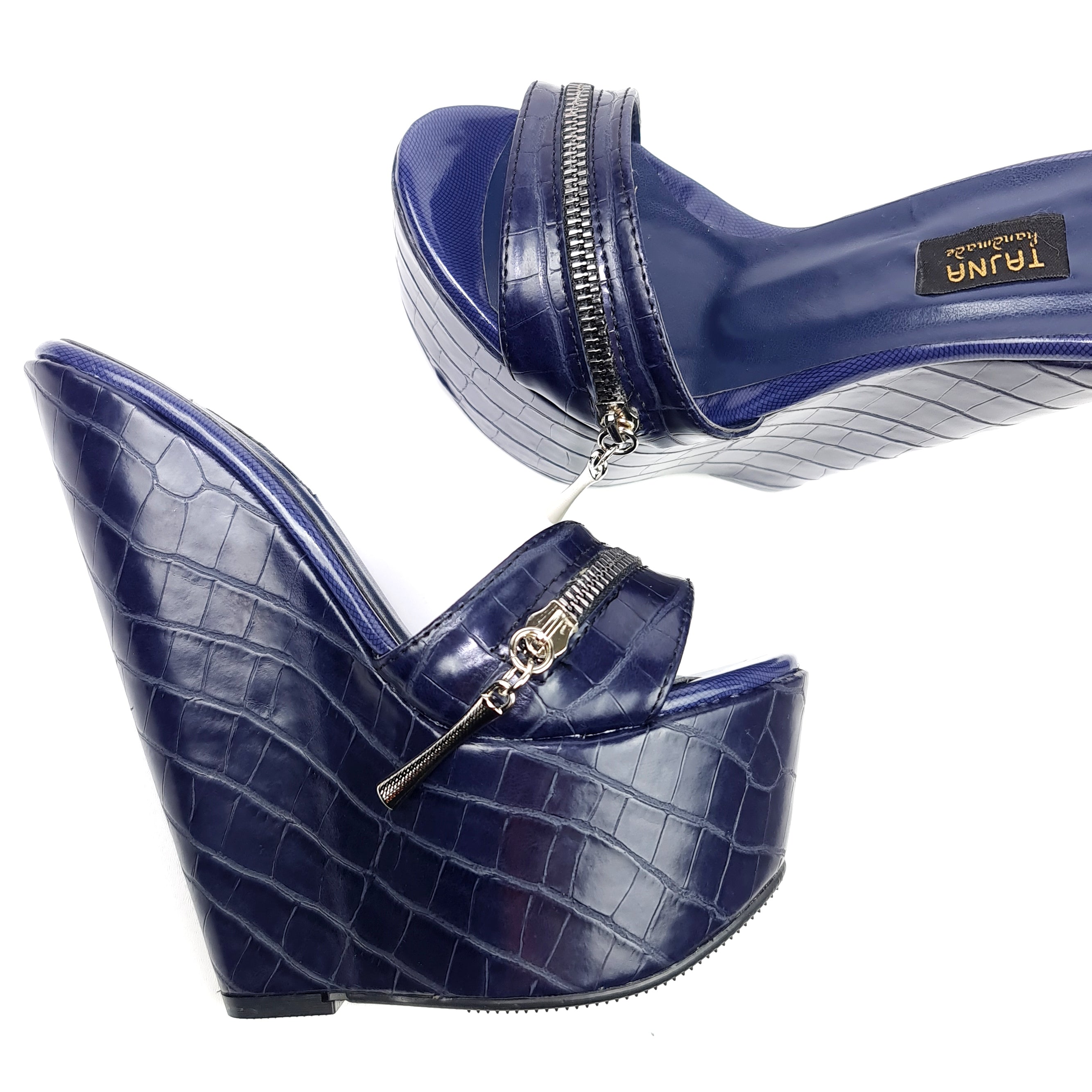 Dark Navy Croco Print High Heel Mules