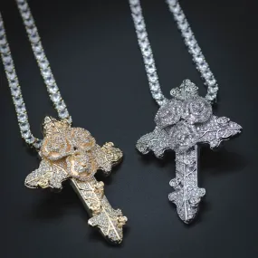 Diamond Rose Cross Necklace in Yellow/White Gold