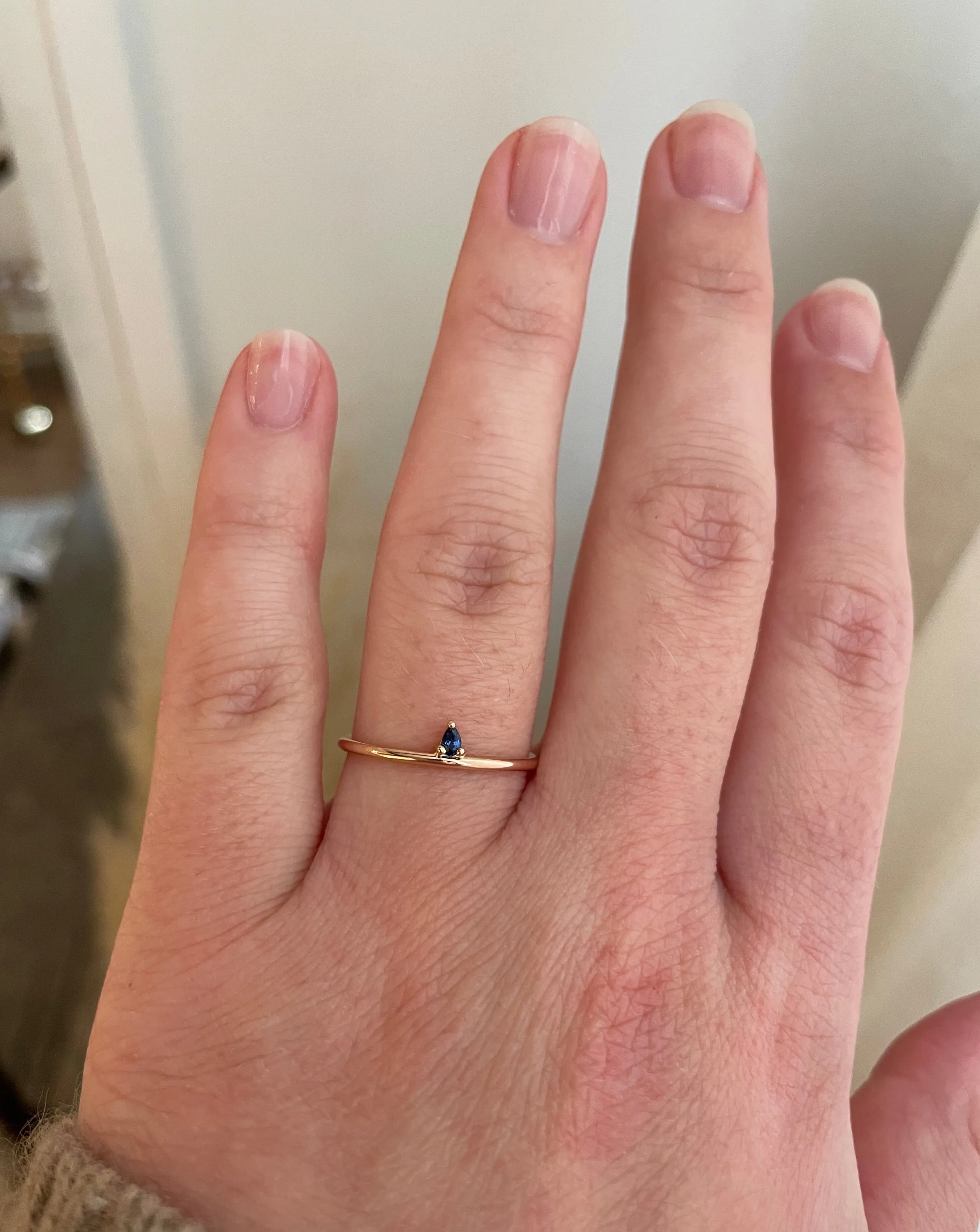 Finished: Lily Tiny Diamond Drop Ring in Rose Gold with Dark Blue Sapphire