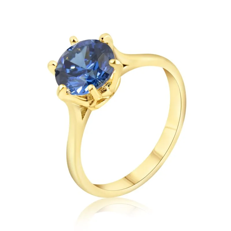 gold plated closed ring with dark blue cz 8mm facet