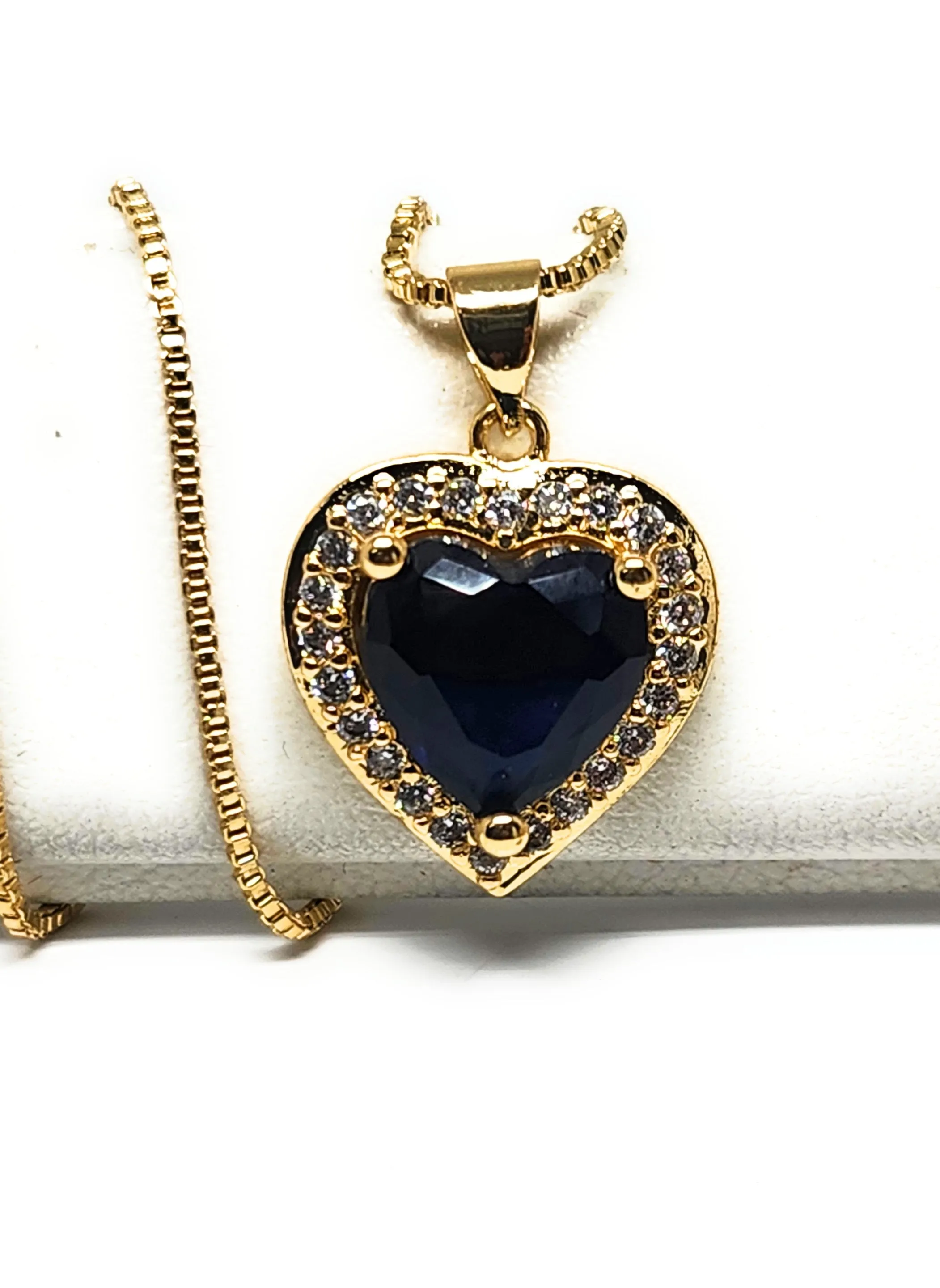 Gold Plated Layered Heart Cubic Zirconia Pendant Necklace Chain 18” (WHITE, RED, GREEN, BLACK, DARK BLUE)