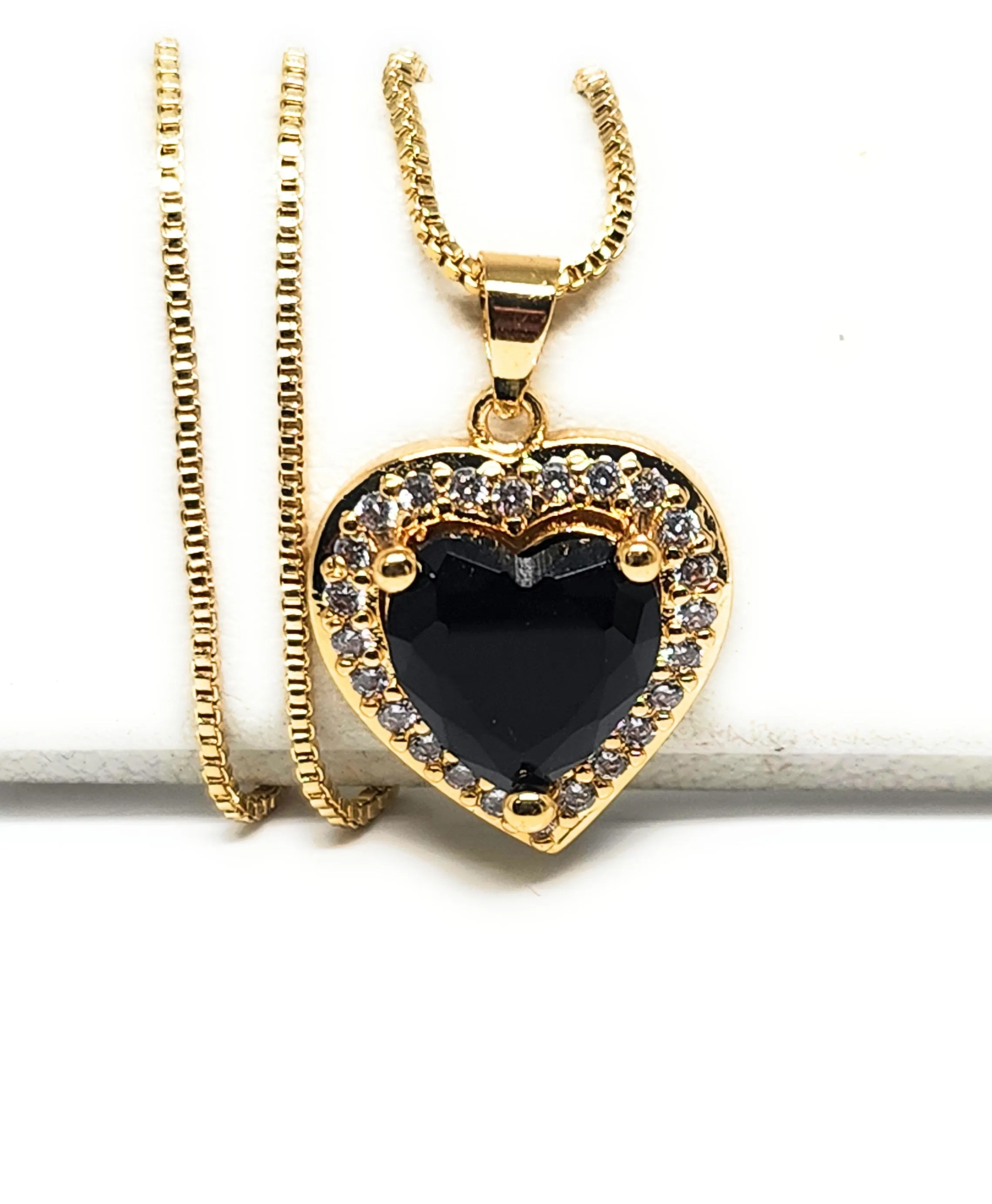 Gold Plated Layered Heart Cubic Zirconia Pendant Necklace Chain 18” (WHITE, RED, GREEN, BLACK, DARK BLUE)