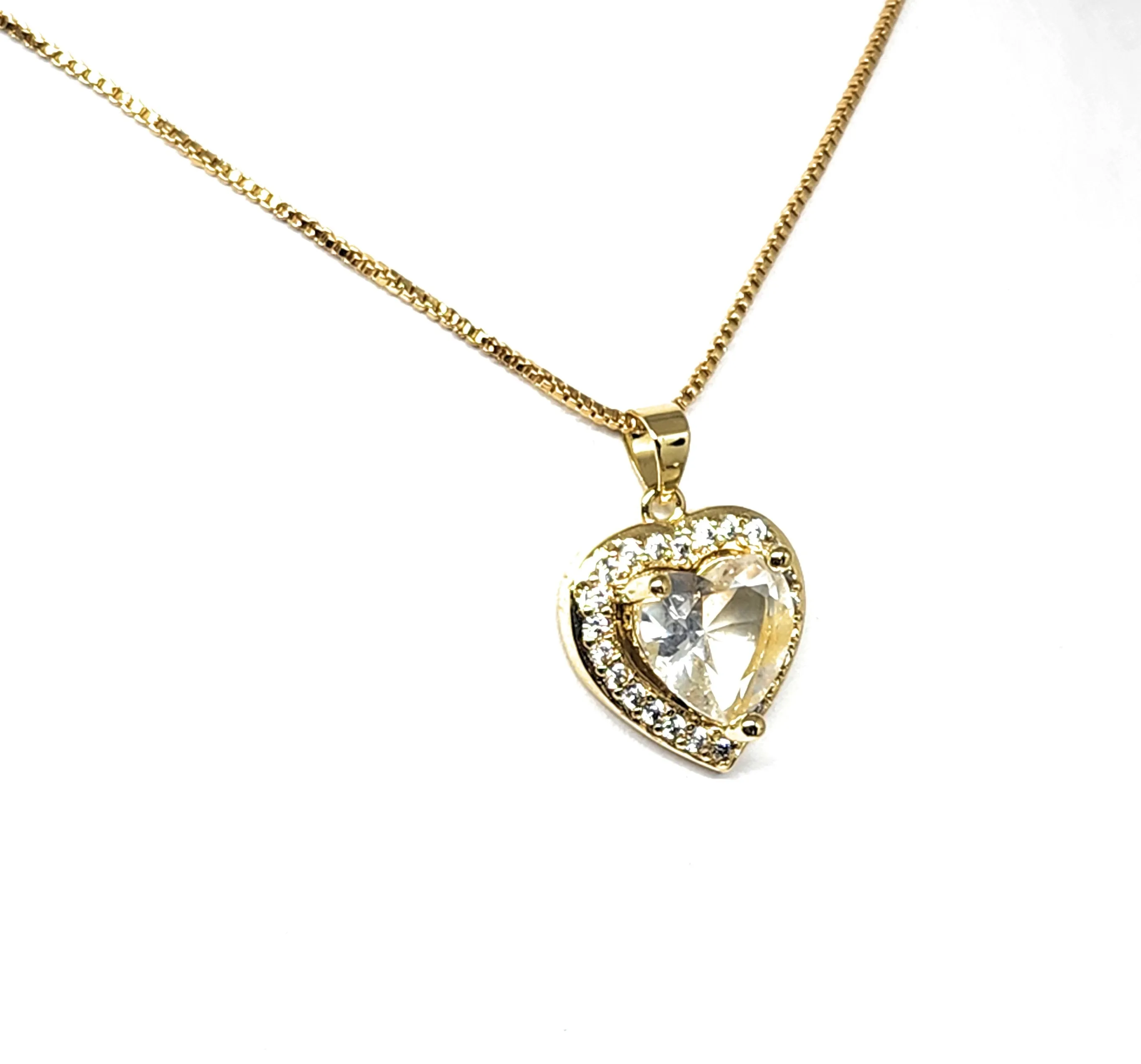 Gold Plated Layered Heart Cubic Zirconia Pendant Necklace Chain 18” (WHITE, RED, GREEN, BLACK, DARK BLUE)