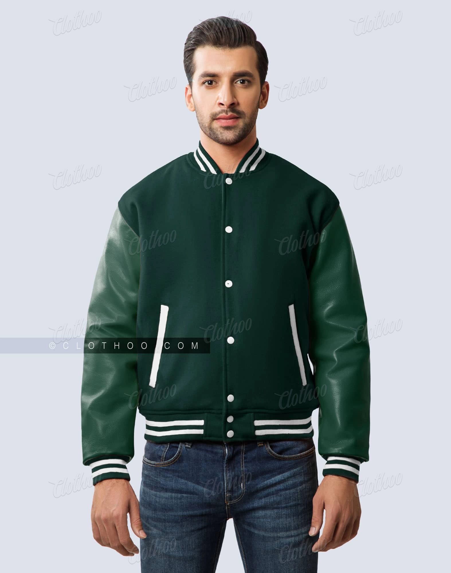 Green Wool Body & Leather Sleeves Letterman Jacket