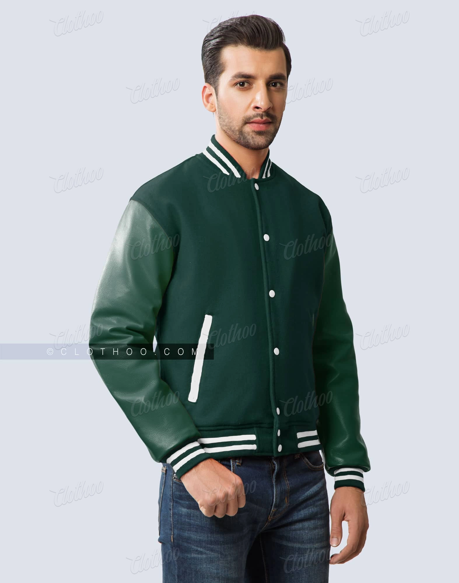 Green Wool Body & Leather Sleeves Letterman Jacket