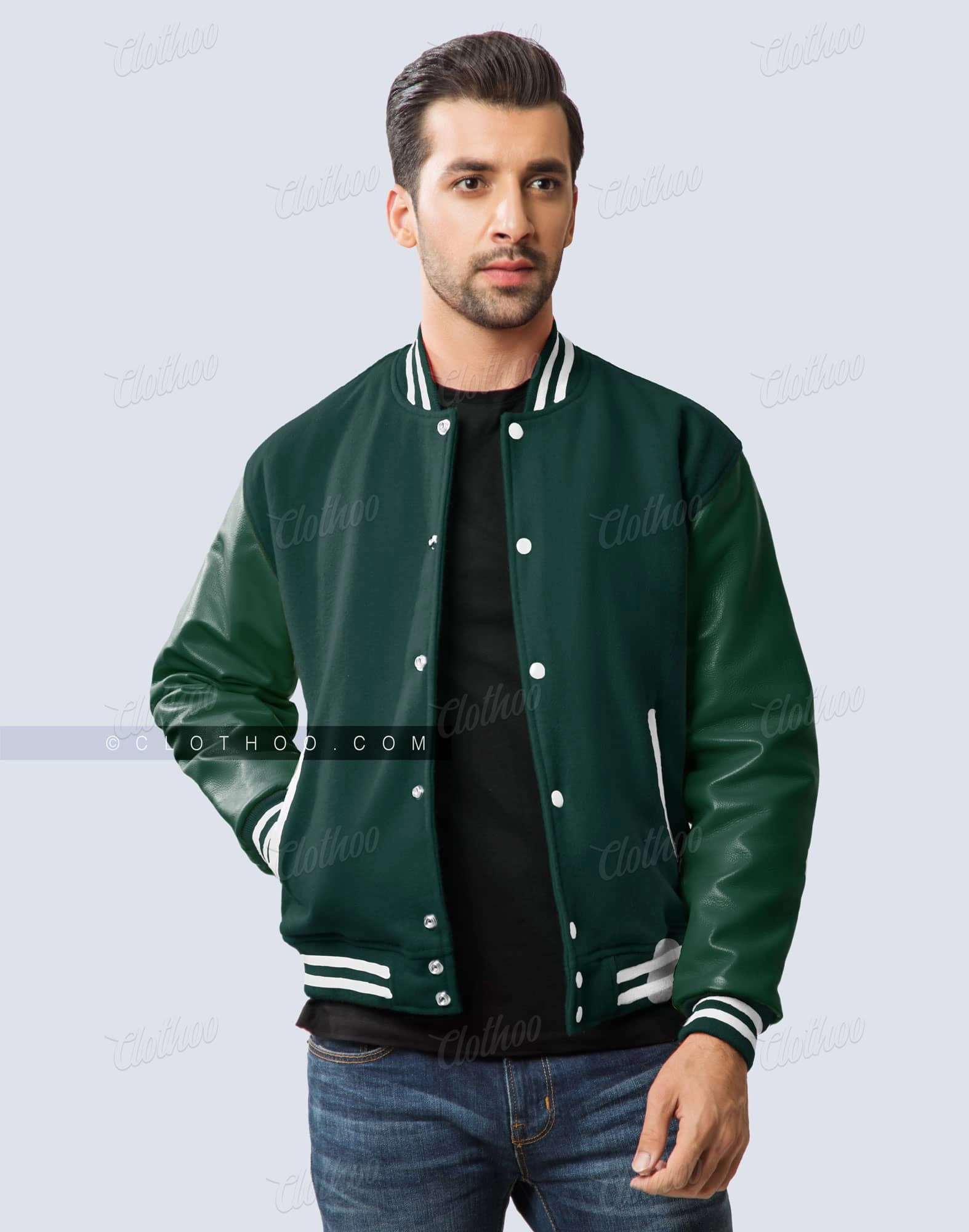 Green Wool Body & Leather Sleeves Letterman Jacket