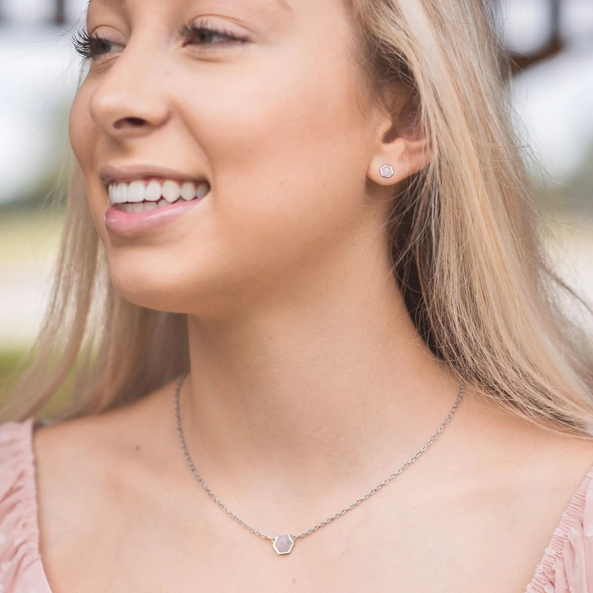 Hexagon Stud Earrings in Rose Quartz