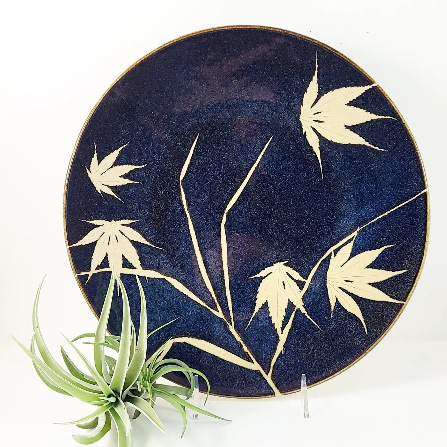 Japanese Maple & Grass Platter in Dark Blue Glaze