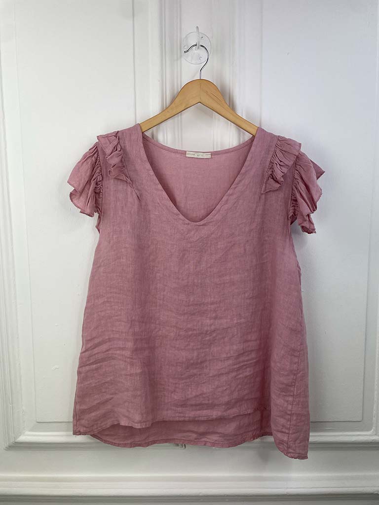 Linen Frill Sleeve Top - Dusky Rose