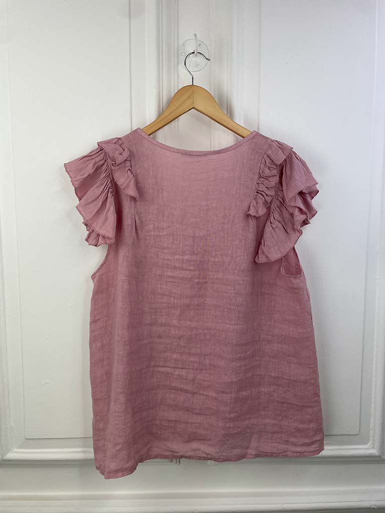 Linen Frill Sleeve Top - Dusky Rose