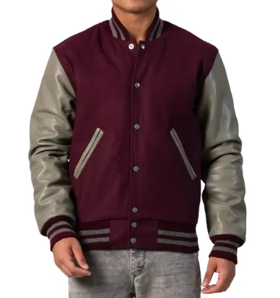 Maroon Body & Grey Leather Sleeves Letterman Jacket 