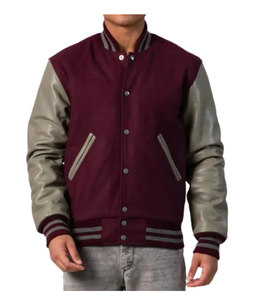 Maroon Body & Grey Leather Sleeves Letterman Jacket 