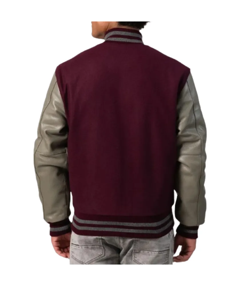 Maroon Body & Grey Leather Sleeves Letterman Jacket 