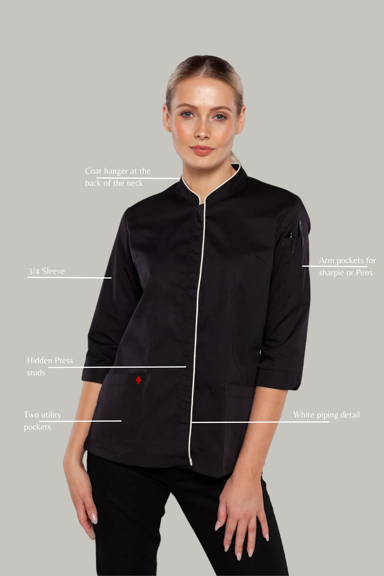 Mel 3/4 sleeves Black women's chef jacket