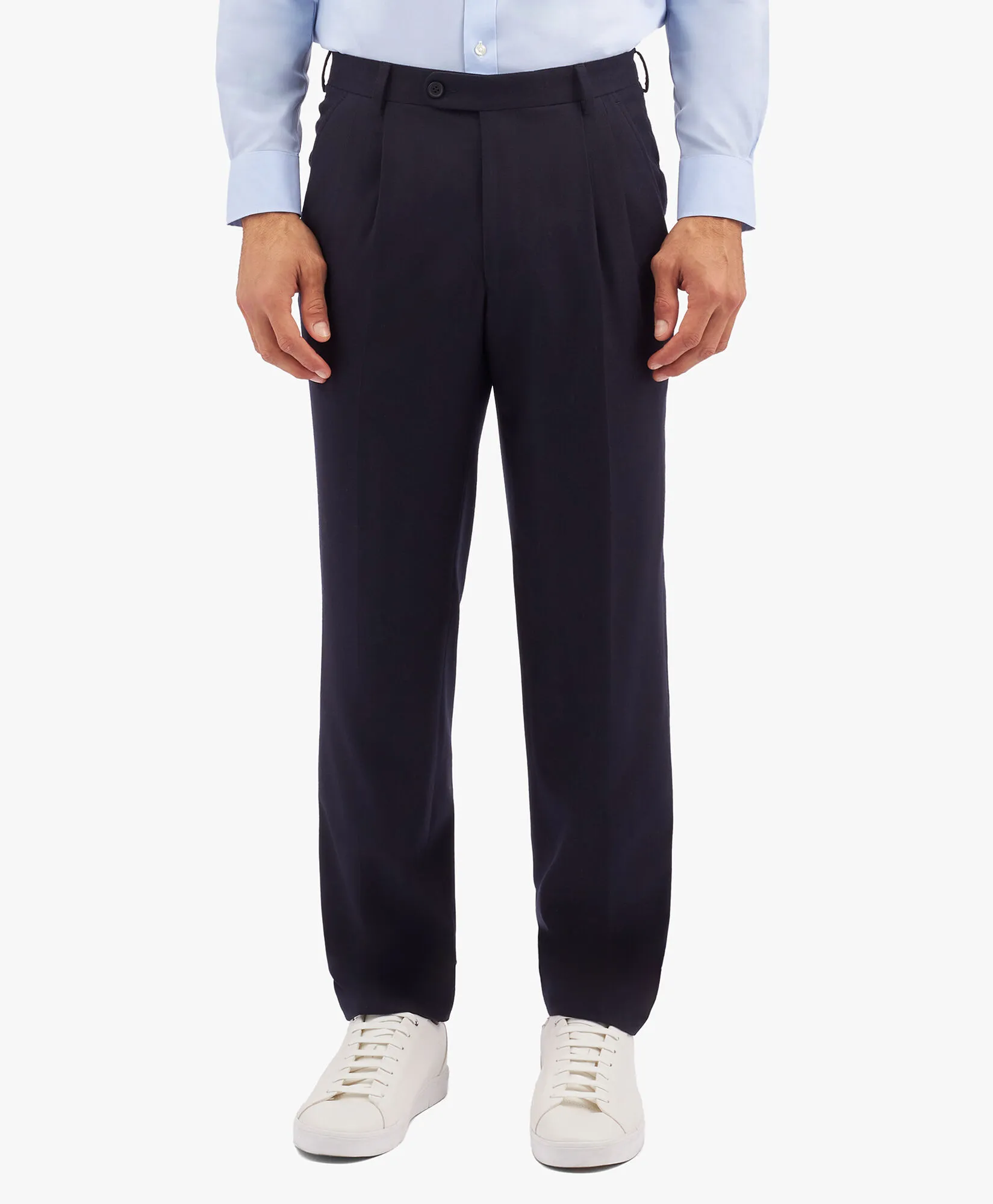 Navy Blue Wool Blend Regular Fit Trousers with Pleats in Navy for Men | Brooks Brothers® UK