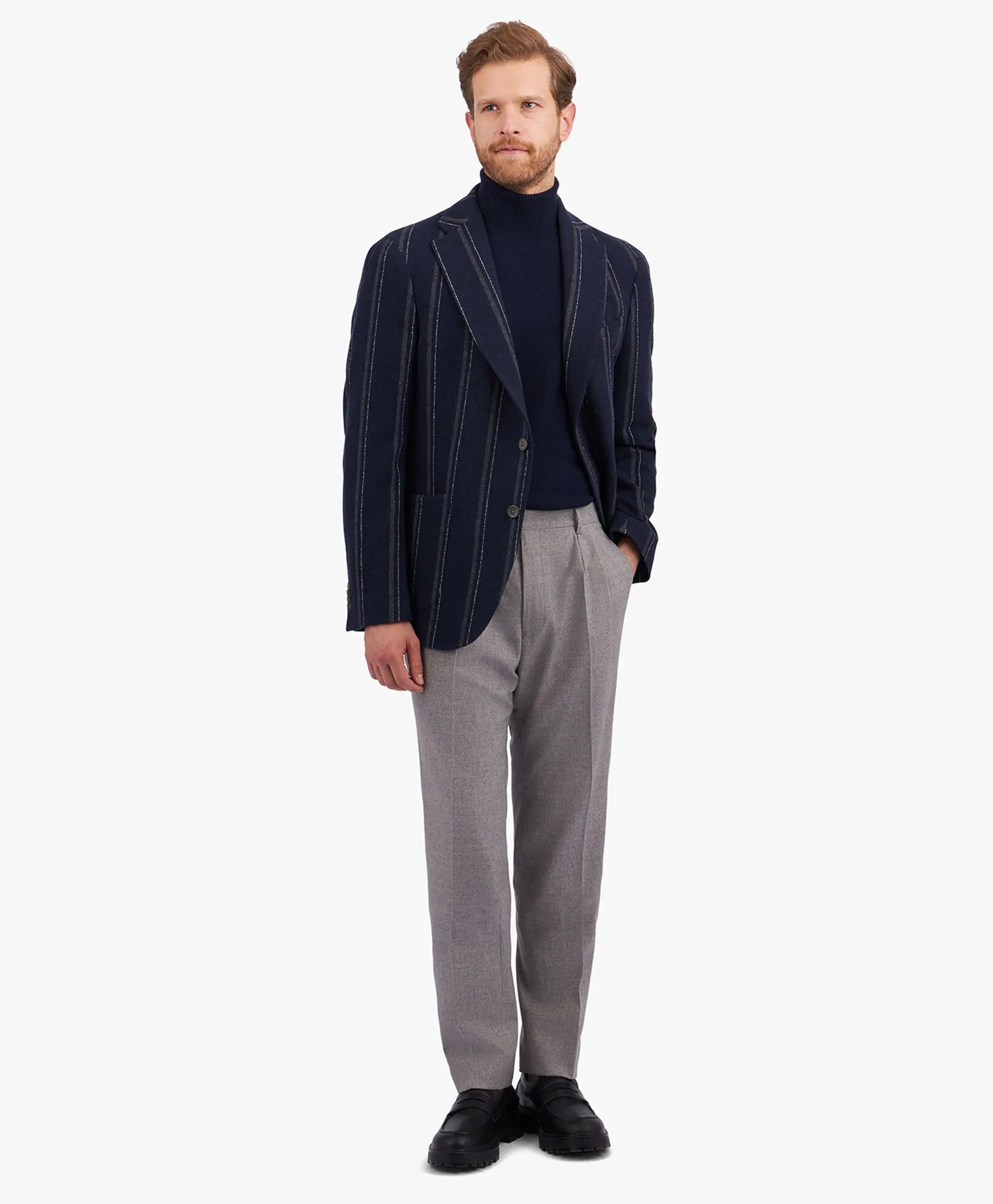 Navy Blue Wool Blend Regular Fit Trousers with Pleats in Navy for Men | Brooks Brothers® UK