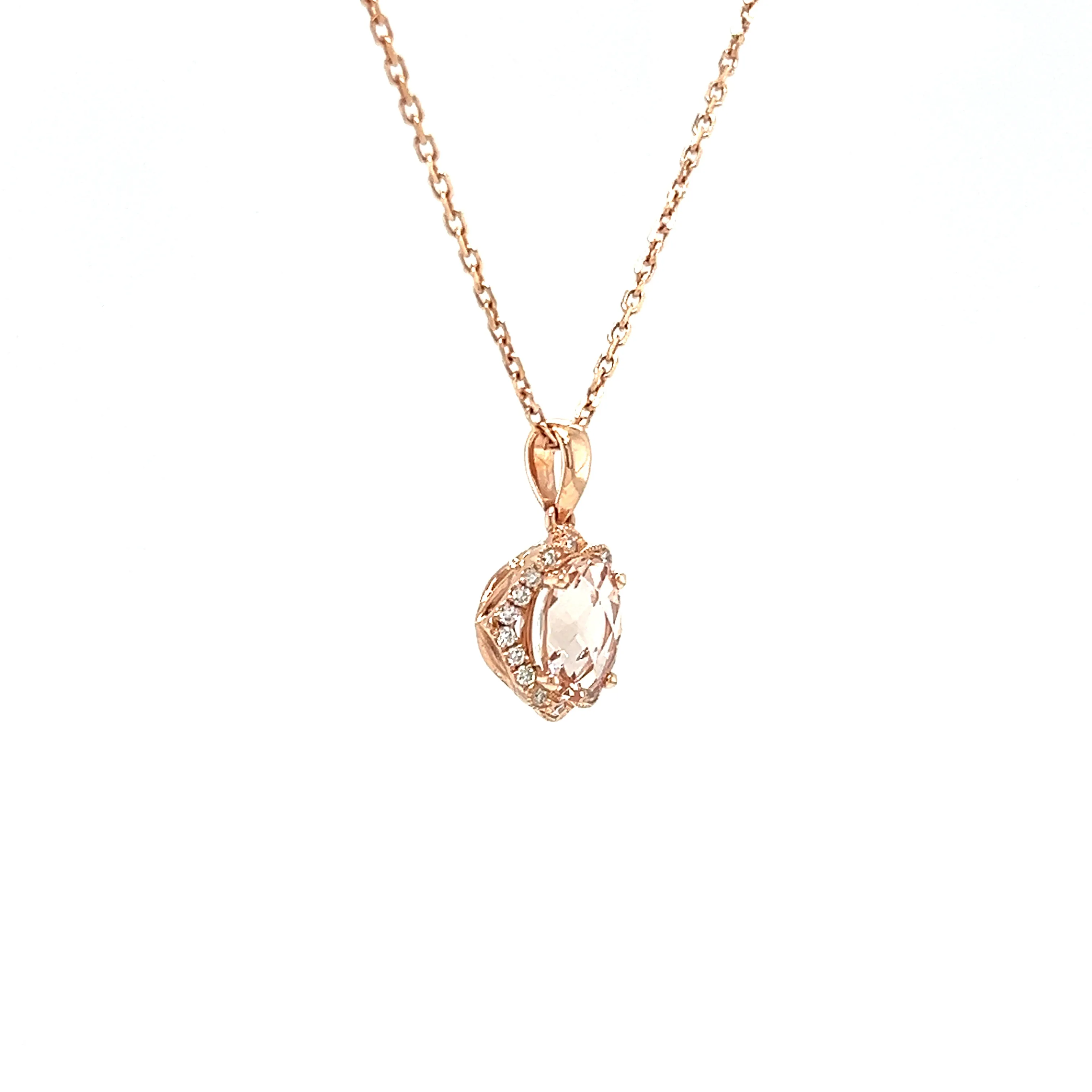 Oval Morganite Pendant with Eighteen Diamonds in 14K Rose Gold