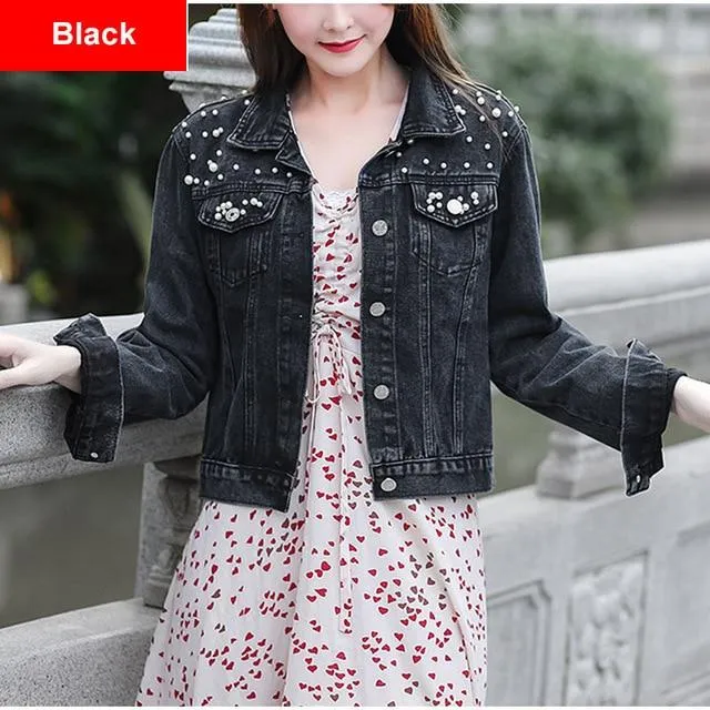 Pearl Beading Short Denim Jacket