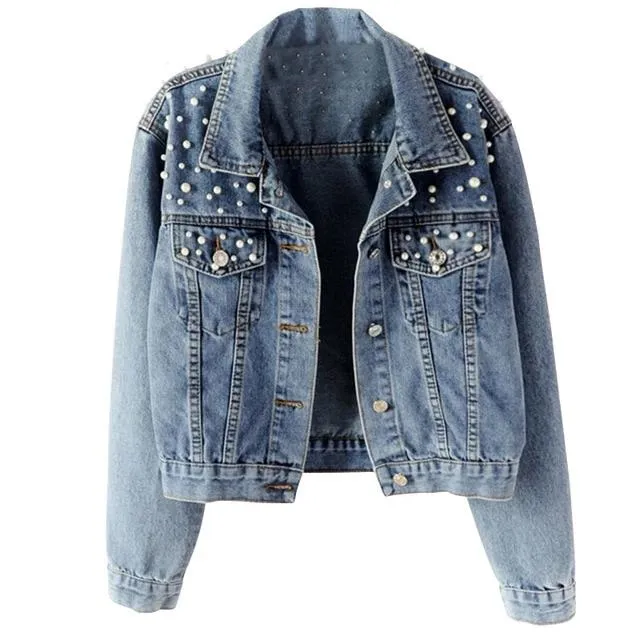 Pearl Beading Short Denim Jacket