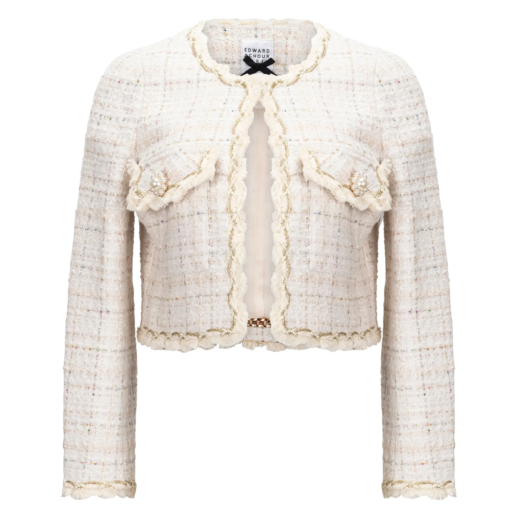 Pearl Button Cropped Tweed Jacket - Ivory + Gold