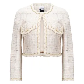 Pearl Button Cropped Tweed Jacket - Ivory + Gold