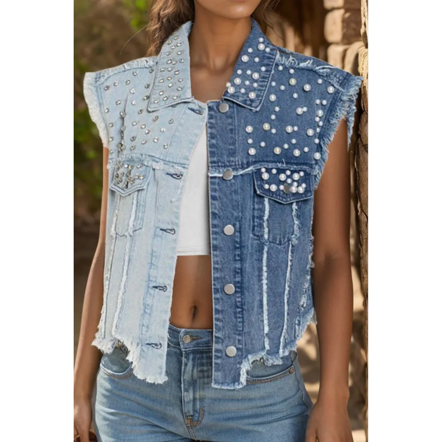 Pearl Raw Hem Sleeveless Denim Jacket