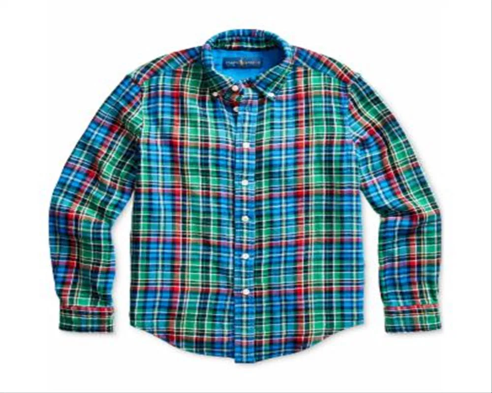 Polo Ralph Lauren Big Boy's Plaid Cotton Twill Shirt Green Size Medium