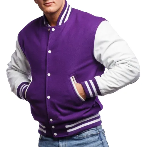 Purple Wool Body & Bright White Leather Sleeves Letterman Jacket 