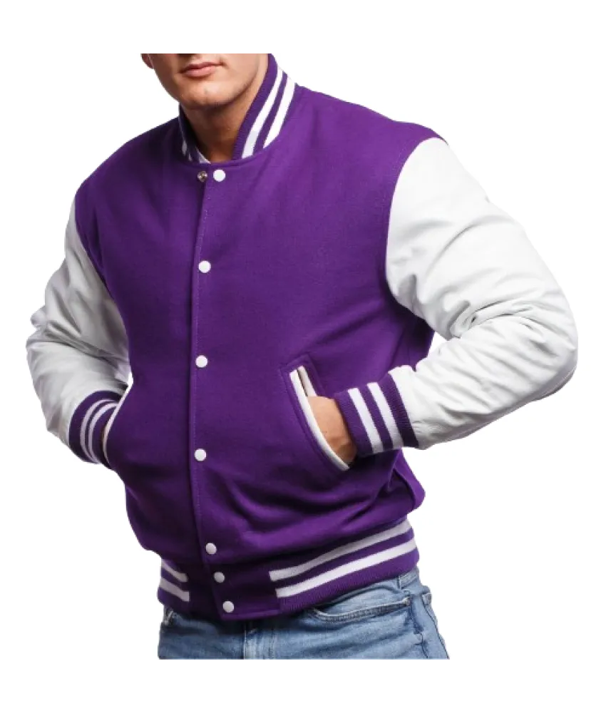 Purple Wool Body & Bright White Leather Sleeves Letterman Jacket 