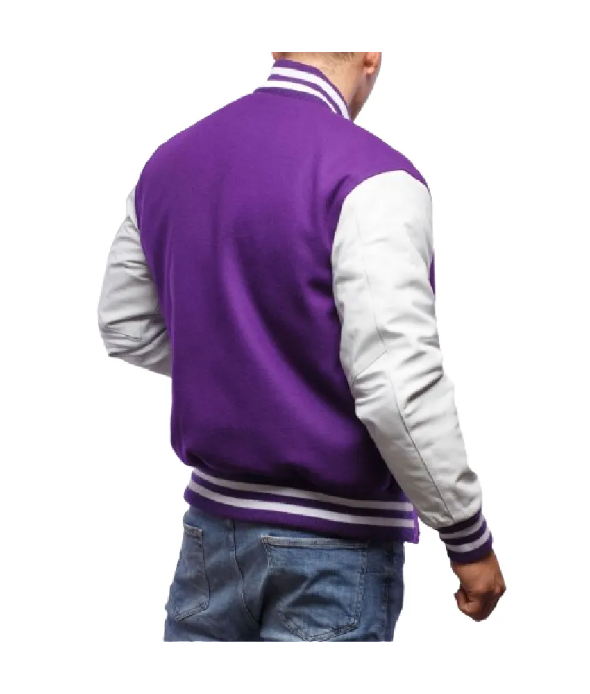 Purple Wool Body & Bright White Leather Sleeves Letterman Jacket 